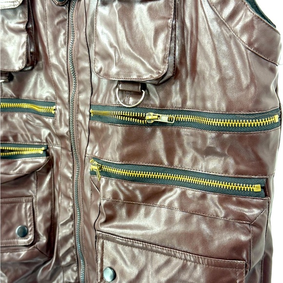 Faux Leather Moto Utility Vest Burgundy Zip Pocket Streetwear Grunge Biker Punk - Picture 6 of 7